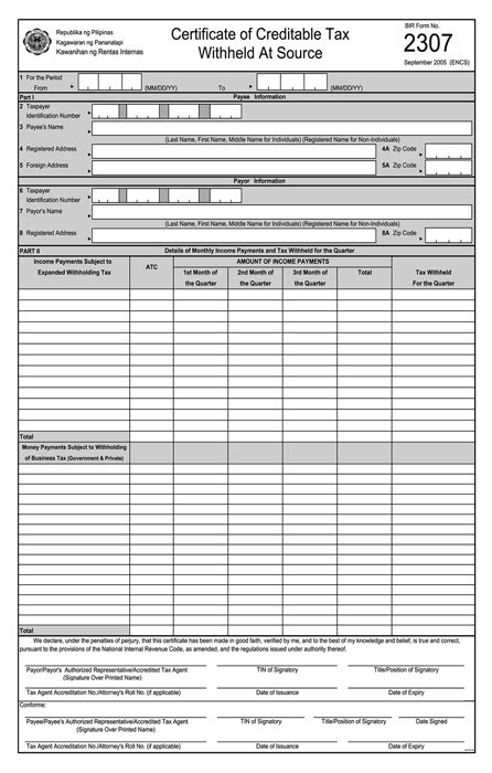 BIR Form No. 2307 Certificate of Creditable Tax Withheld at Source.